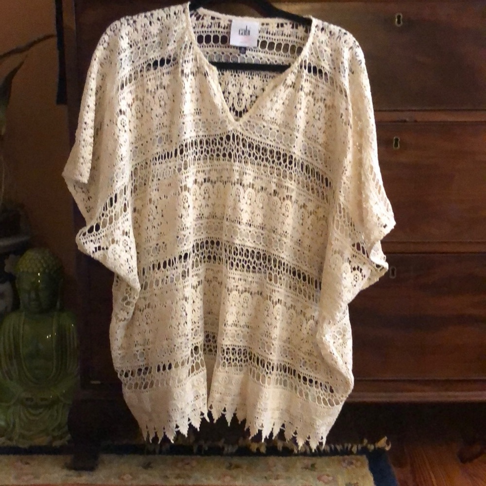 CAbi Cream Crochet V-Neck Poncho Top